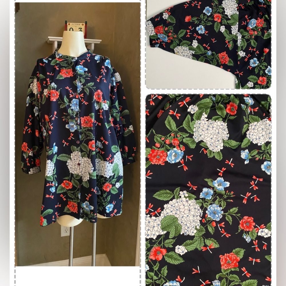 Vintage Lady Winn by TEDDI Floral Mandarin Collar Floral and dragonfly print